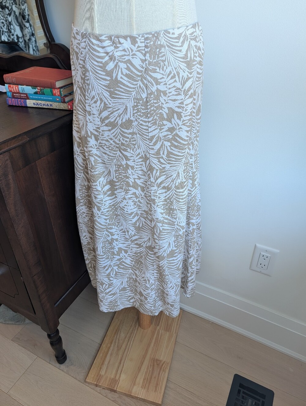 Floral Beige and White Women's Linen Blend Midi Skirt